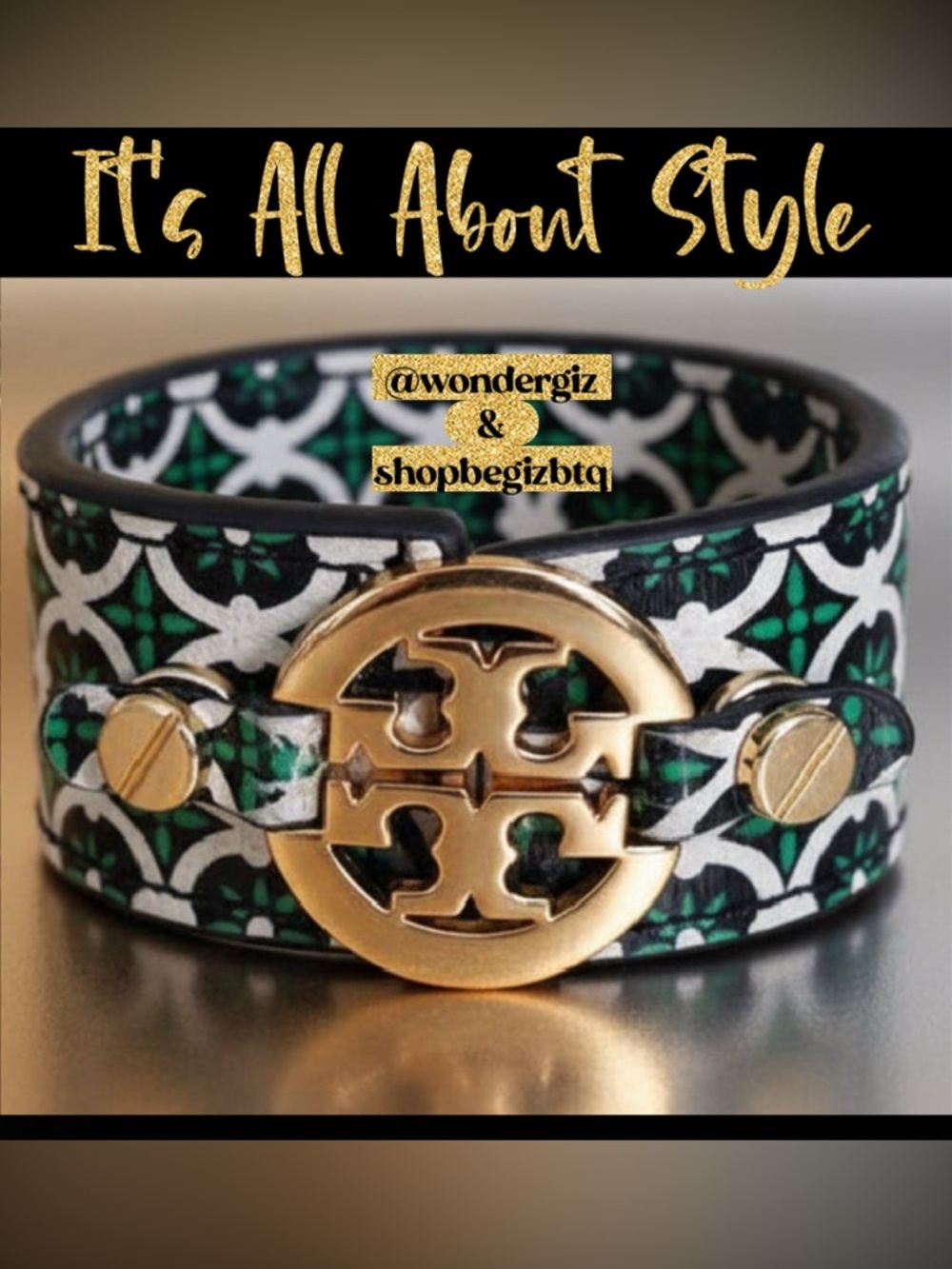 NWOT Authentic Tory Burch Cuff in Green Pattern Leather And Gold Signature Logo